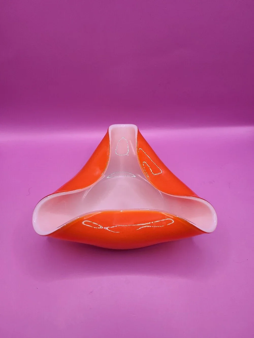 MCM Vintage Japan Wales Orange Cased Glass Tri Fold Bowl Biomorphic Mid Century